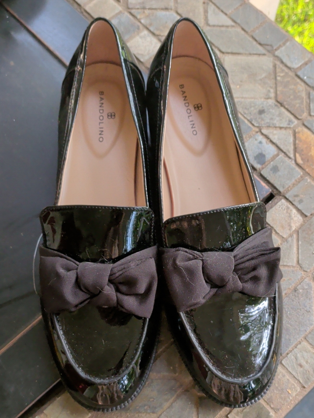 Bandolino Black Patent Loafers with Fabric Bow